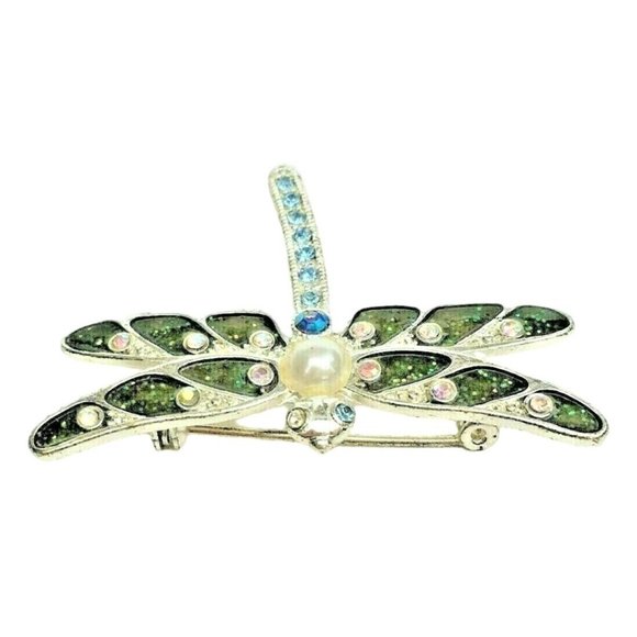 Silver Tone Dragonfly Brooch w/ Faux Pearl AB Rhinestones & Glitter Lucite Wings - Picture 3 of 5